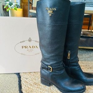 Prada Black Leather Riding Boots with gold logo